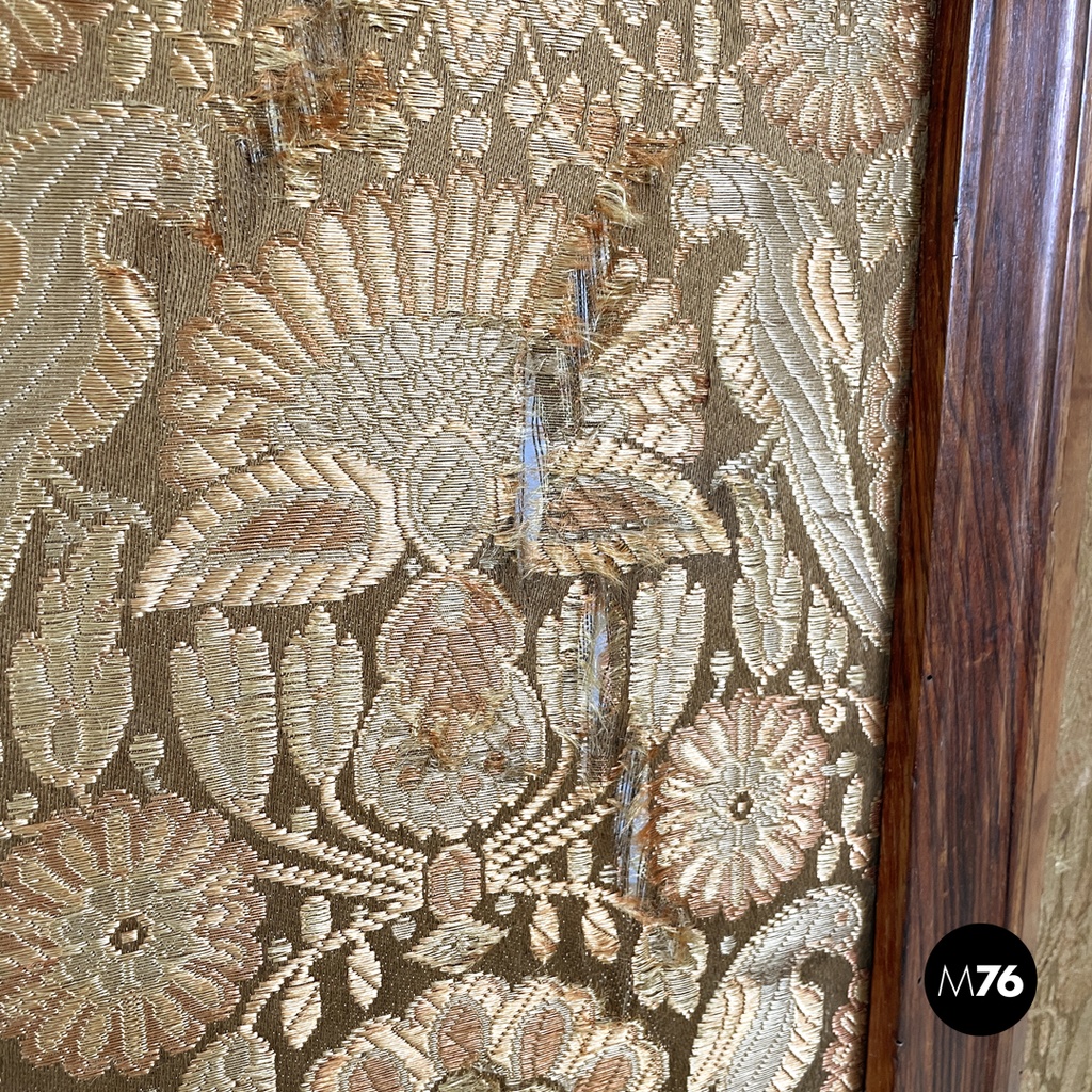 Italian Art Nouveau wood and brown fabric screen with floral pattern, late 1800s