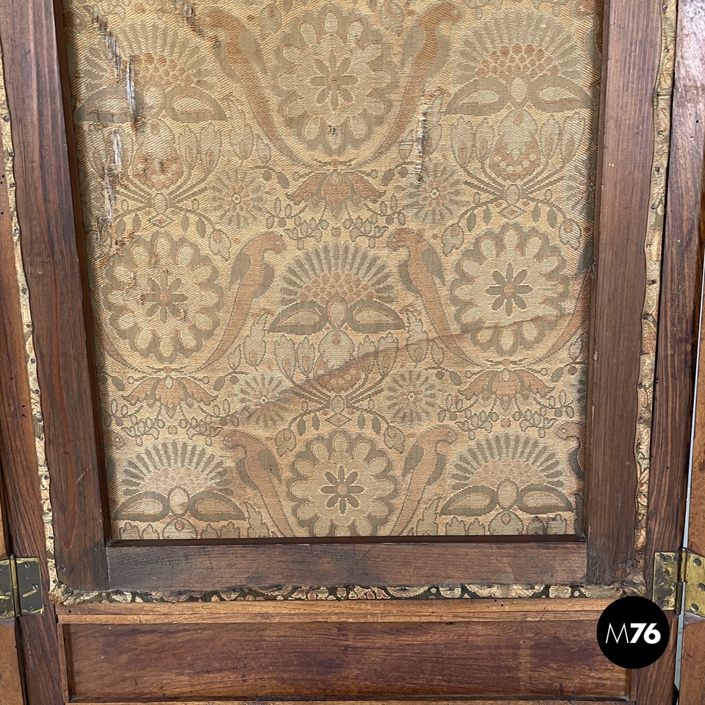 Italian Art Nouveau wood and brown fabric screen with floral pattern, late 1800s