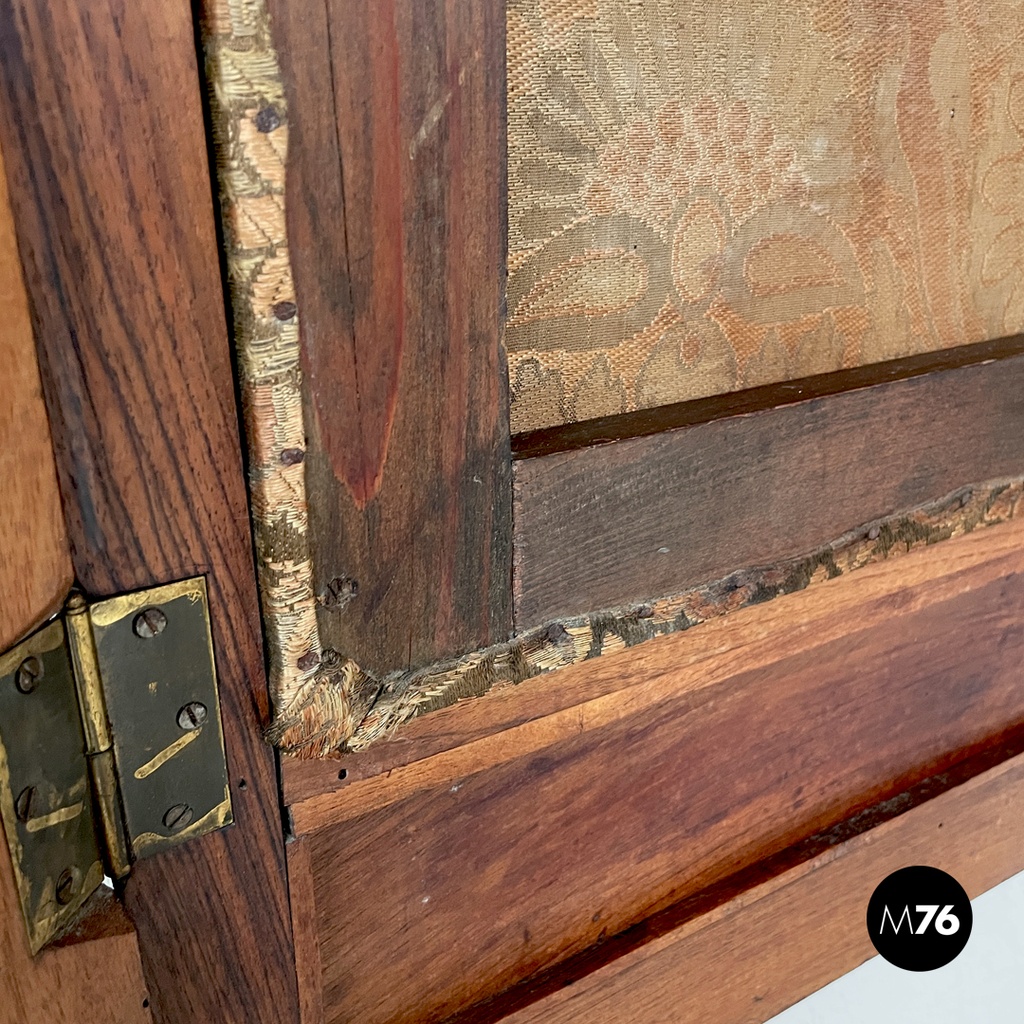Italian Art Nouveau wood and brown fabric screen with floral pattern, late 1800s
