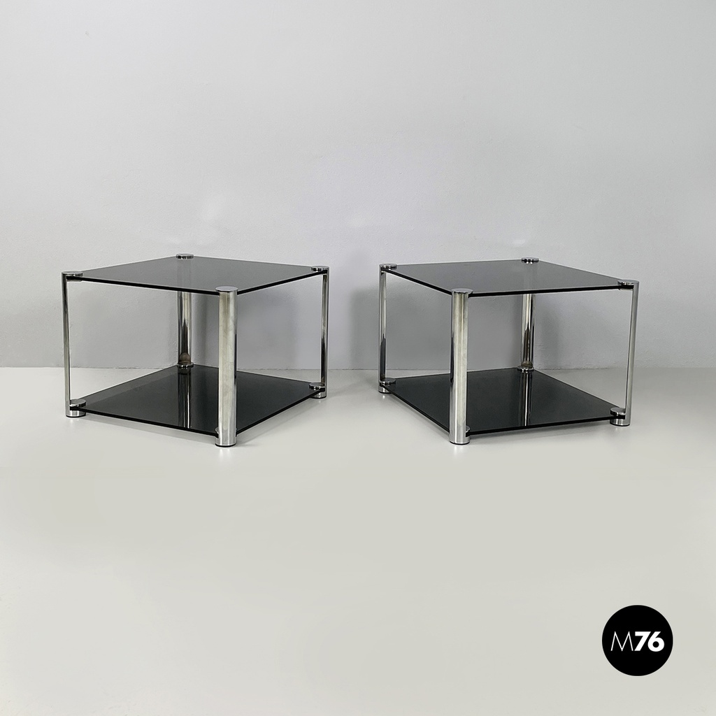 Italian modern Coffee tables in smoked glass and chromed metal, 1980s