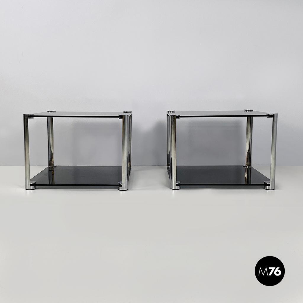Italian modern Coffee tables in smoked glass and chromed metal, 1980s