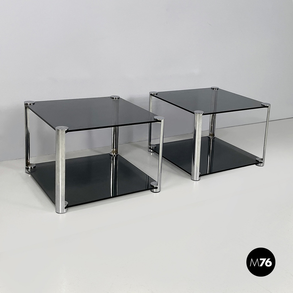 Italian modern Coffee tables in smoked glass and chromed metal, 1980s