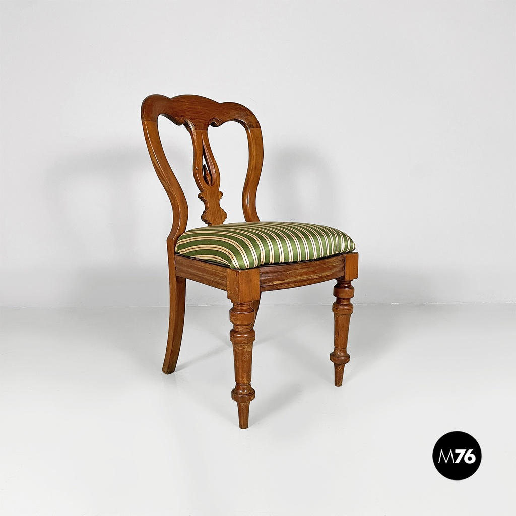 Italian antique wood and colored striped silk chairs, 1850s