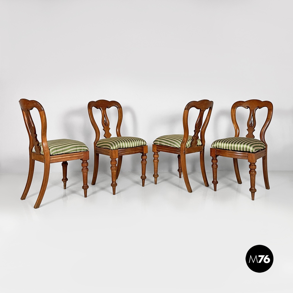 Italian antique wood and colored striped silk chairs, 1850s