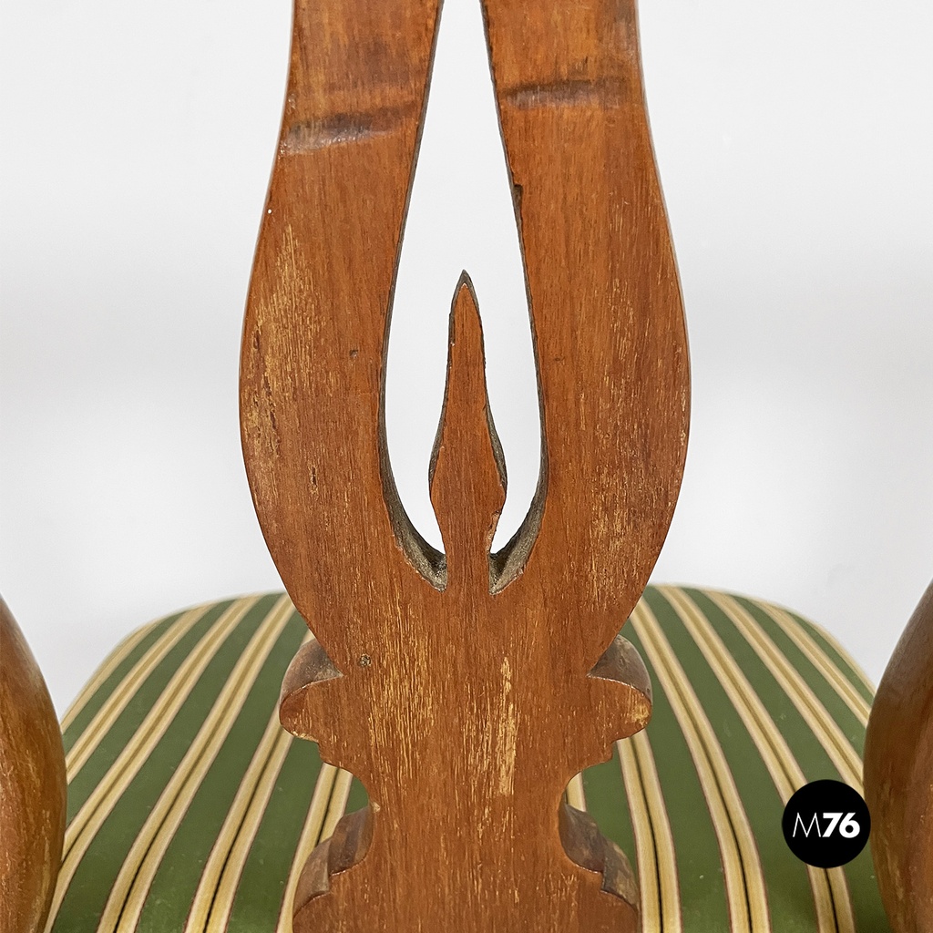Italian antique wood and colored striped silk chairs, 1850s