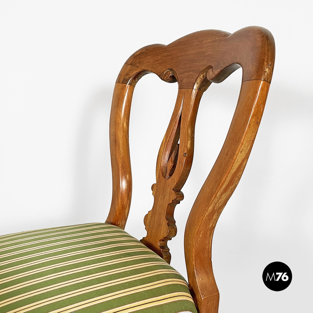Italian antique wood and colored striped silk chairs, 1850s