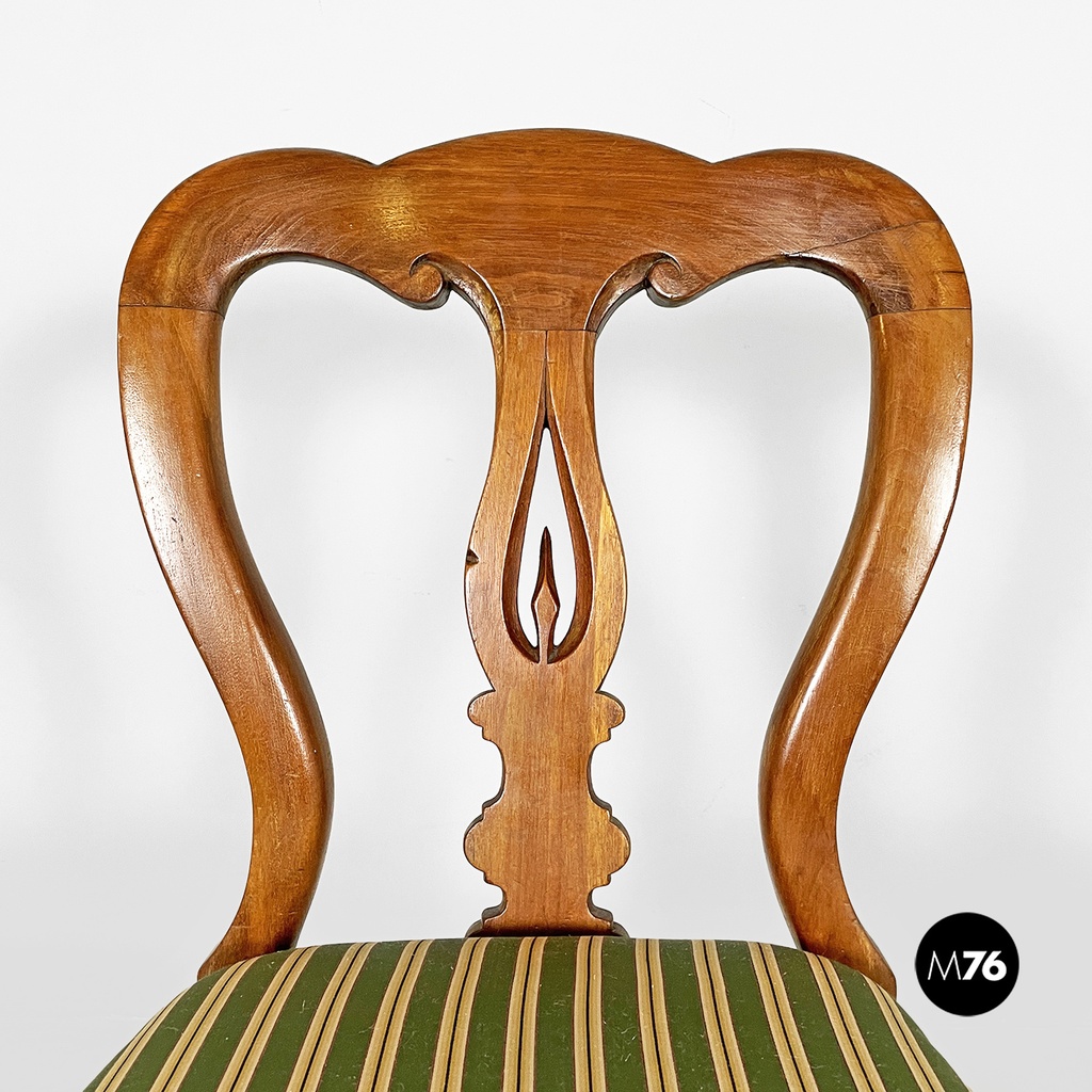 Italian antique wood and colored striped silk chairs, 1850s