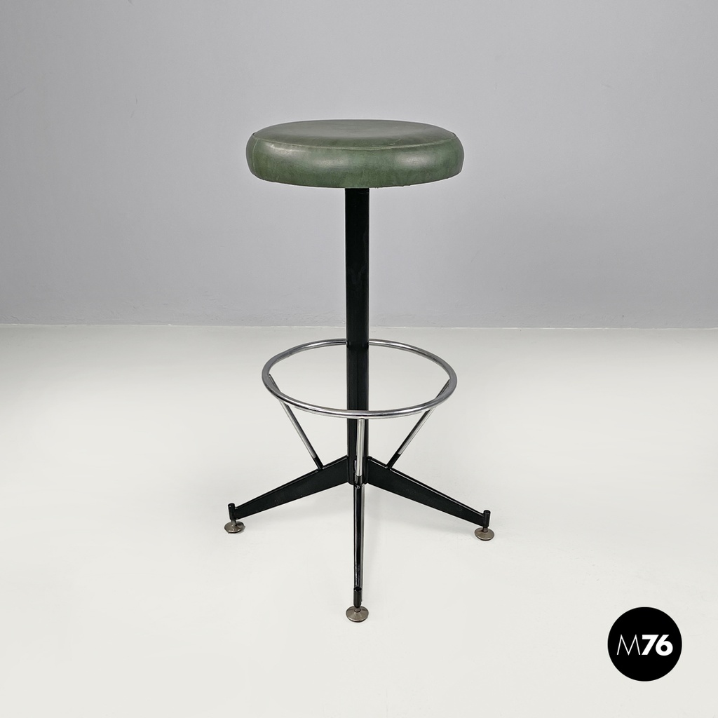 Italian mid-century modern stool in green faux leather and black metal, 1960s