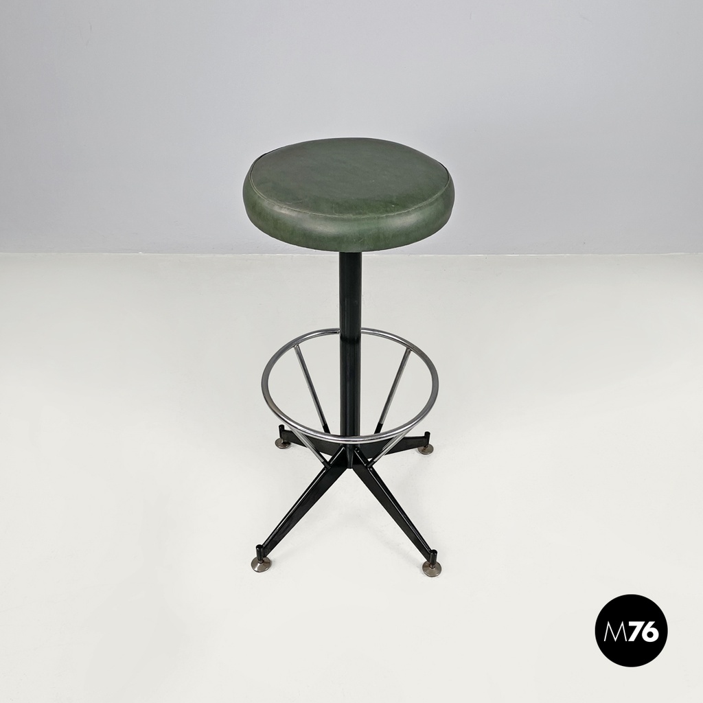 Italian mid-century modern stool in green faux leather and black metal, 1960s