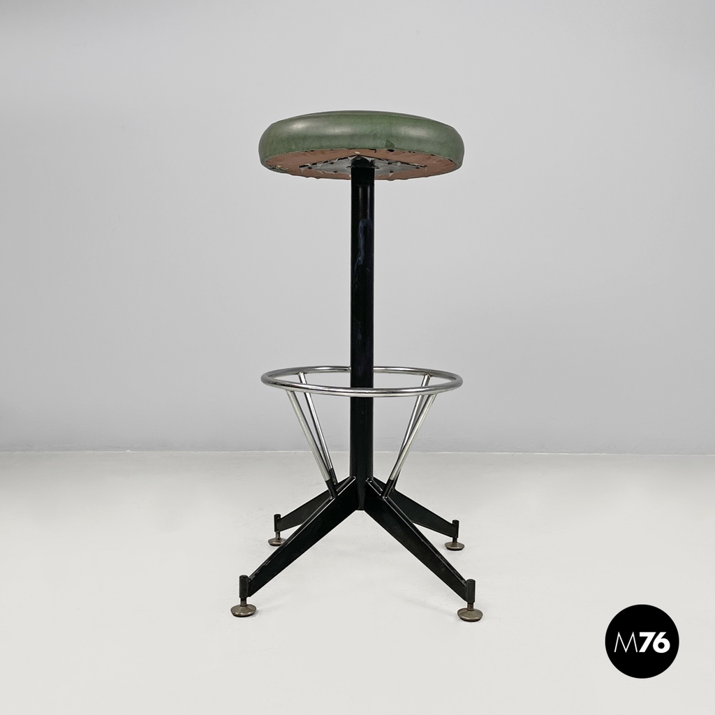 Italian mid-century modern stool in green faux leather and black metal, 1960s