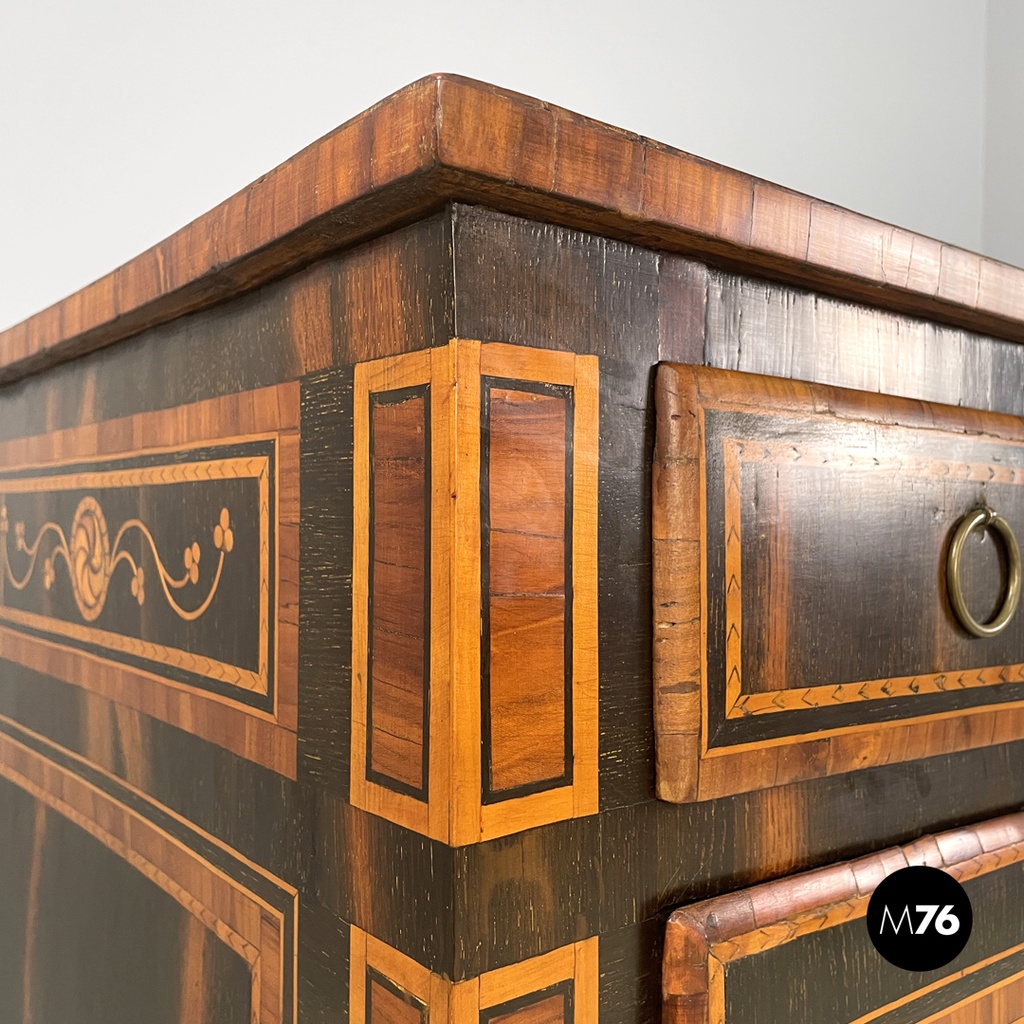 Italian antique wooden chest of drawers with inlay decorations, early 1800s