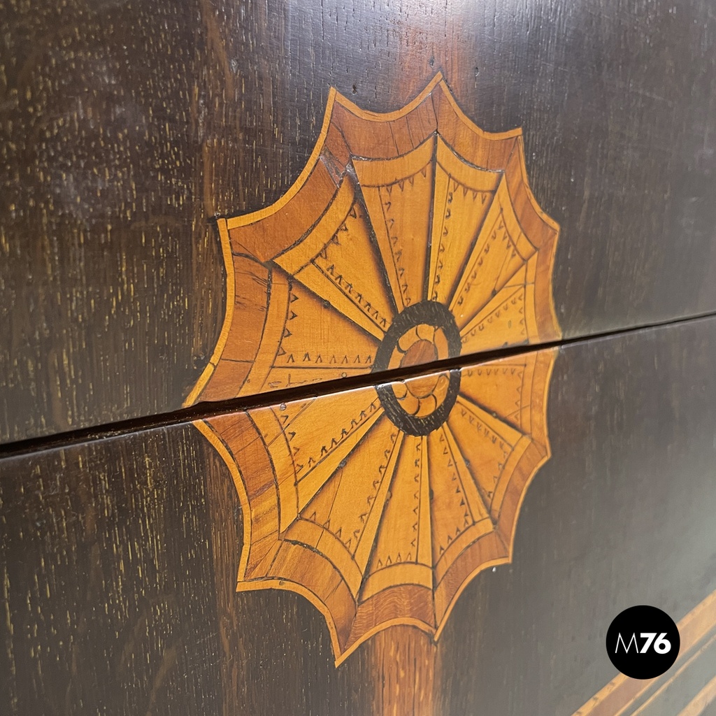 Italian antique wooden chest of drawers with inlay decorations, early 1800s
