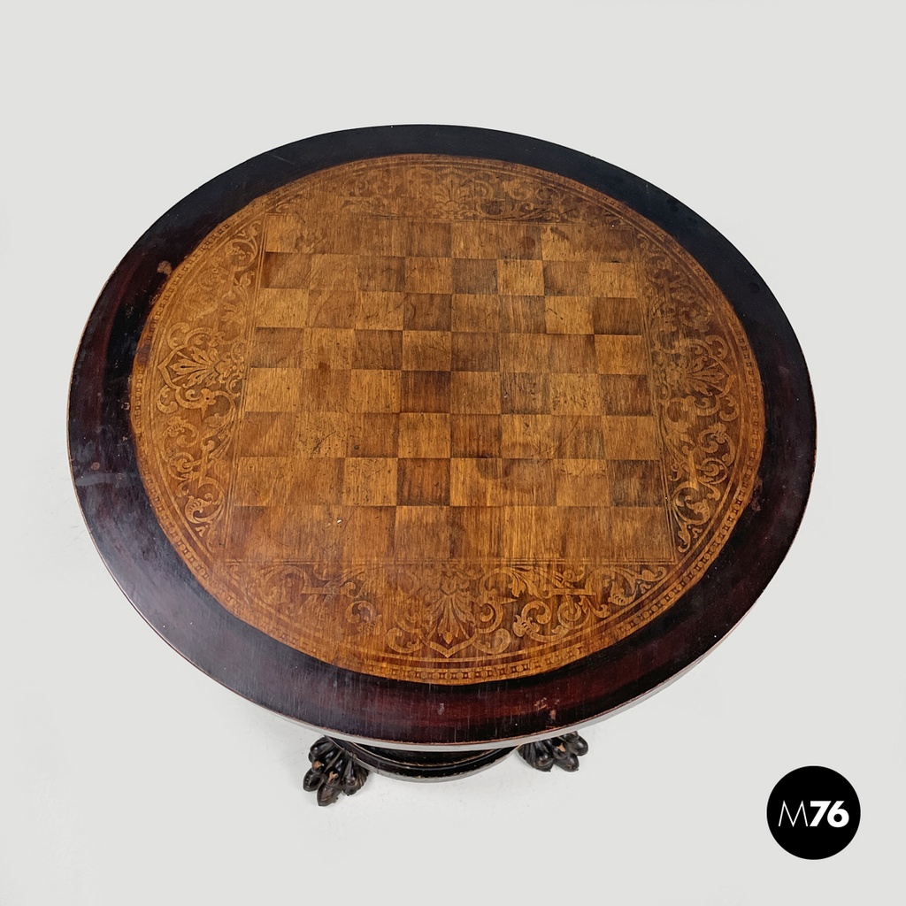 Italian antique wooden coffee table with chessboard decorations, early 1900s