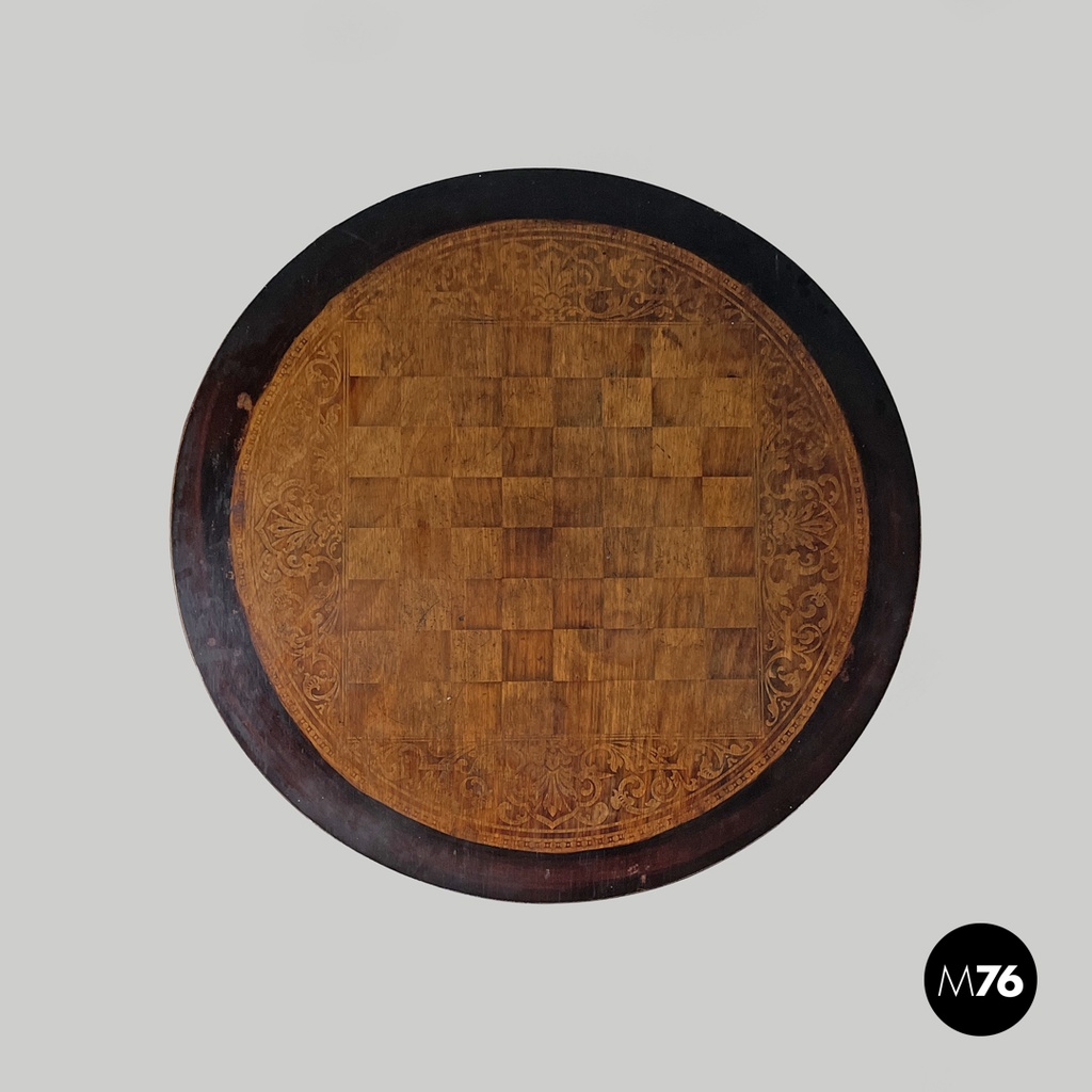 Italian antique wooden coffee table with chessboard decorations, early 1900s