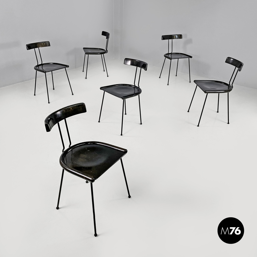 Italian modern black wood and metal chairs with rounded profiles, 1980s