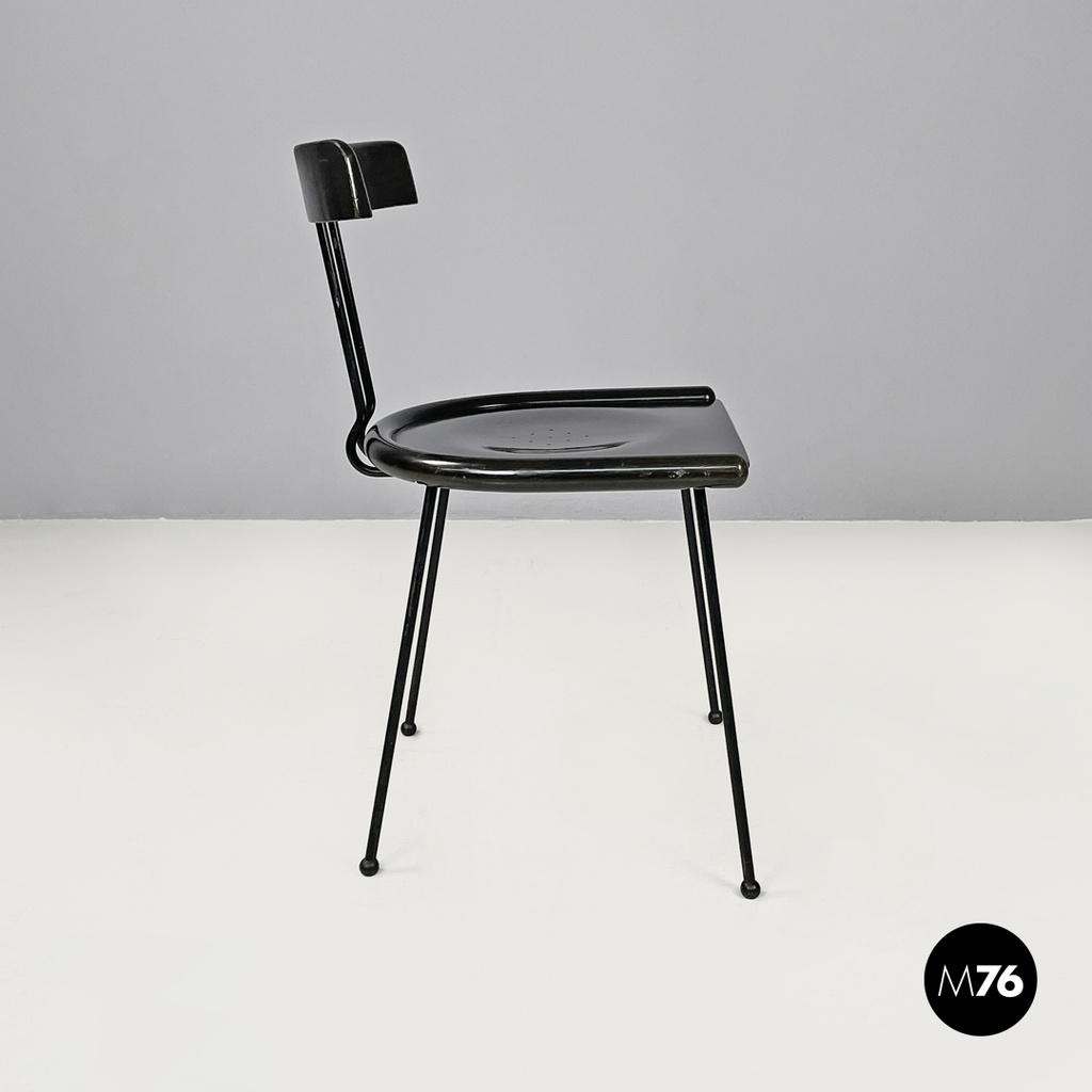 Italian modern black wood and metal chairs with rounded profiles, 1980s