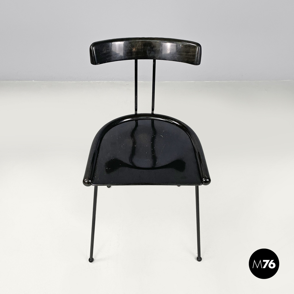 Italian modern black wood and metal chairs with rounded profiles, 1980s