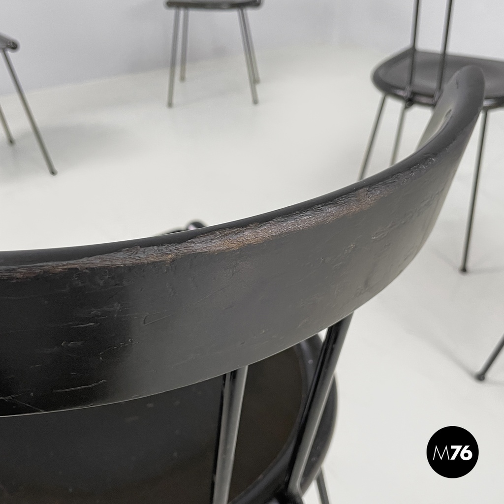 Italian modern black wood and metal chairs with rounded profiles, 1980s