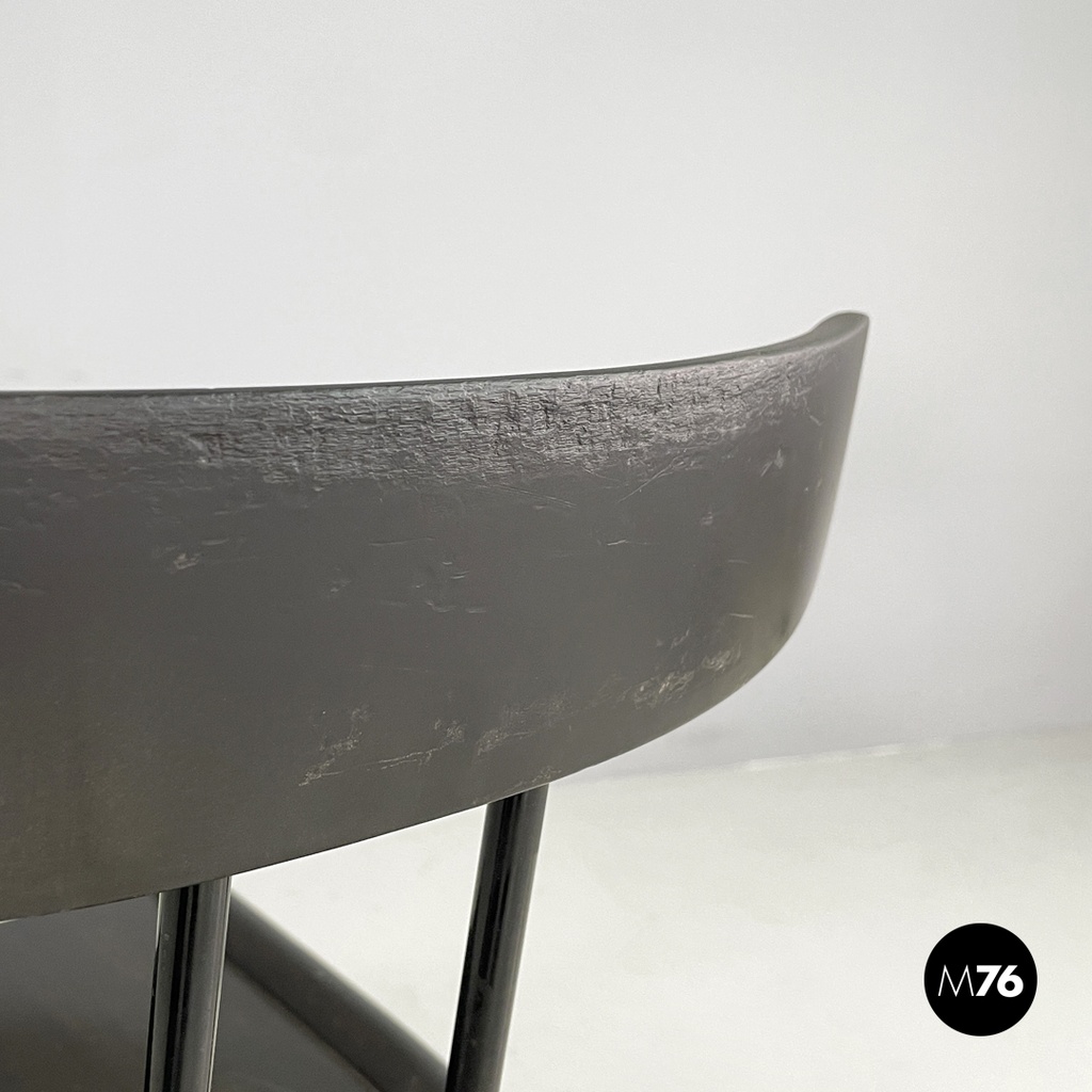 Italian modern black wood and metal chairs with rounded profiles, 1980s