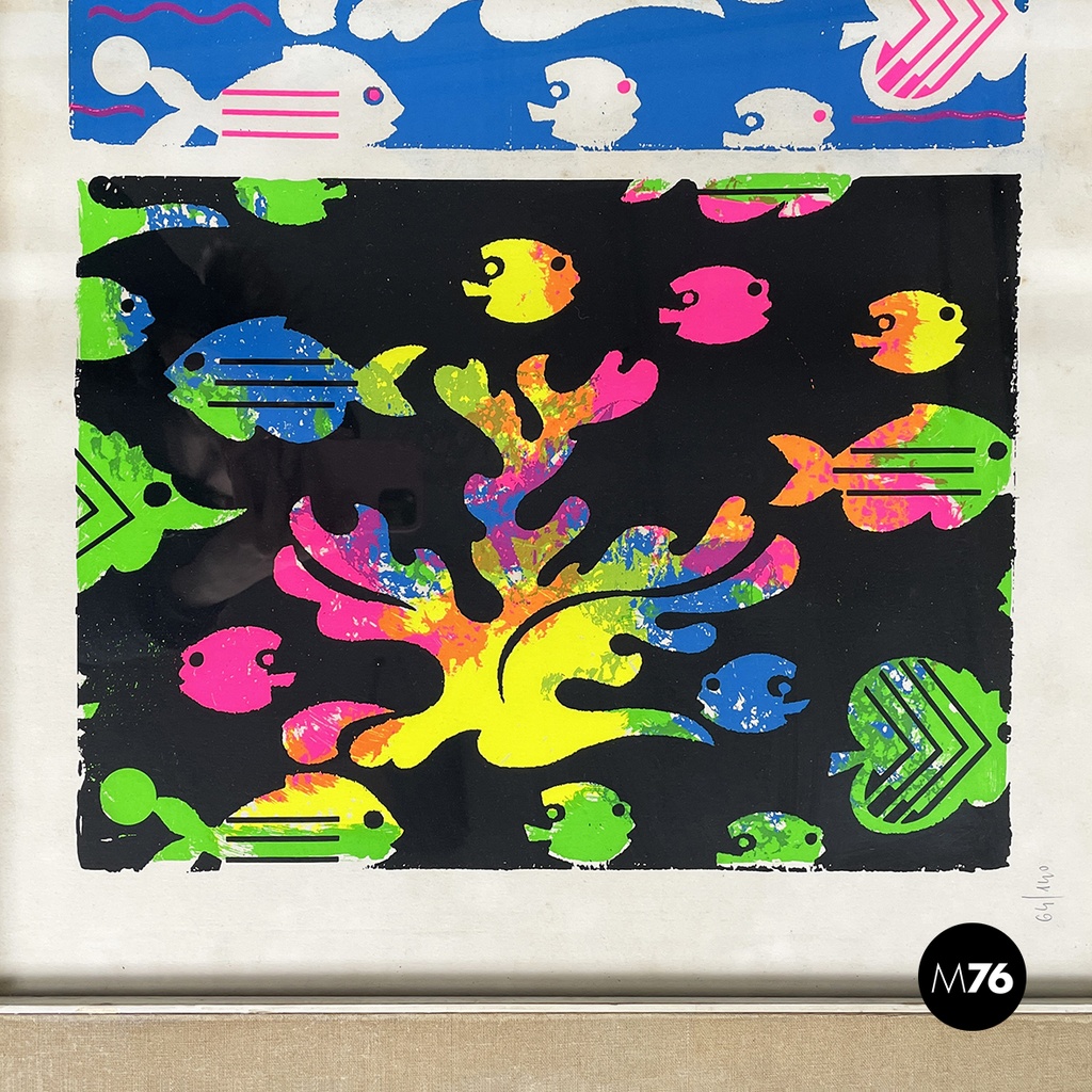 Italian modern colorful marine screen printing by Bruno Contenotte, 1982