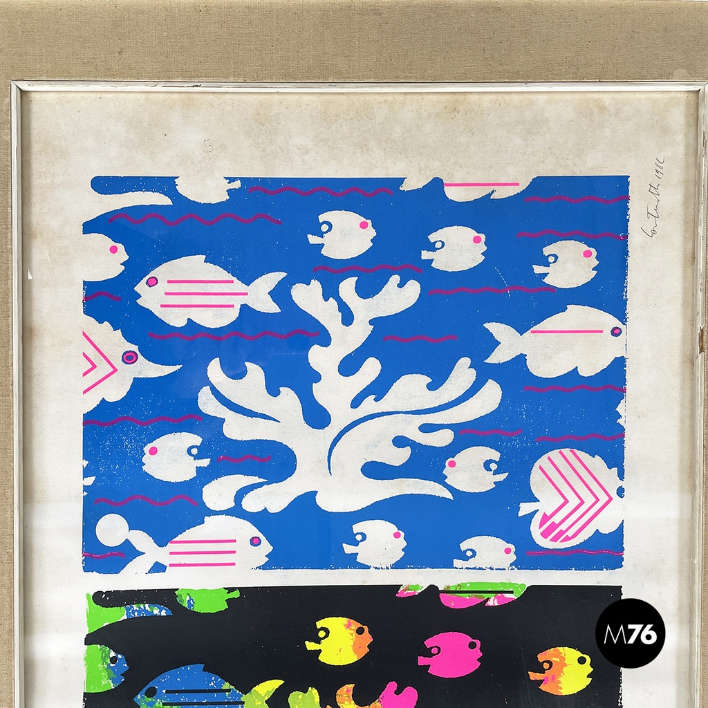 Italian modern colorful marine screen printing by Bruno Contenotte, 1982