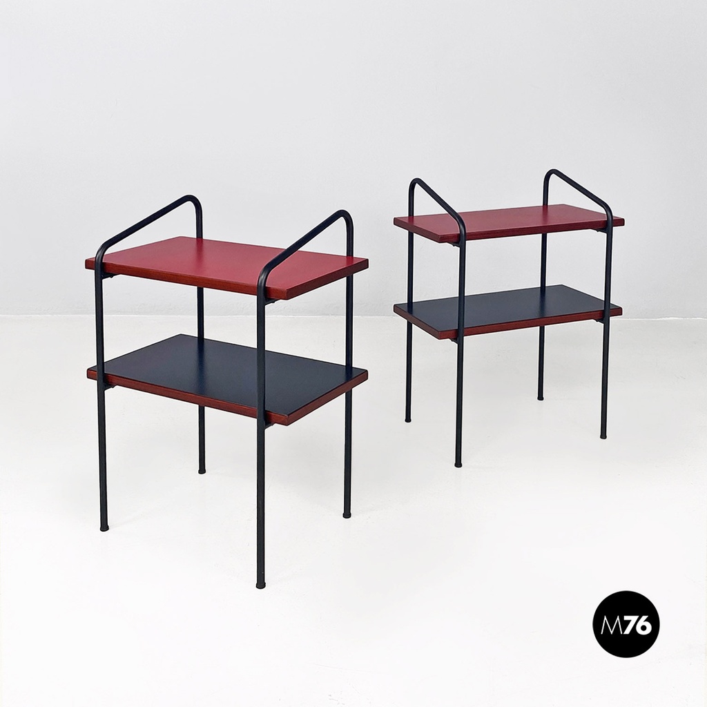 Italian mid century modern red black laminate metal wood double-shelf tables 1960