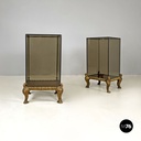 Italian modern golden wood and smoked glass coffee tables or pedestals, 1970s