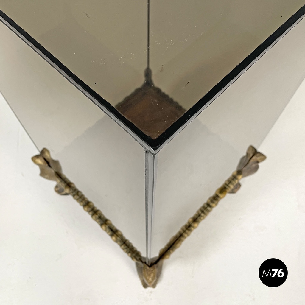 Italian modern golden wood and smoked glass coffee tables or pedestals, 1970s