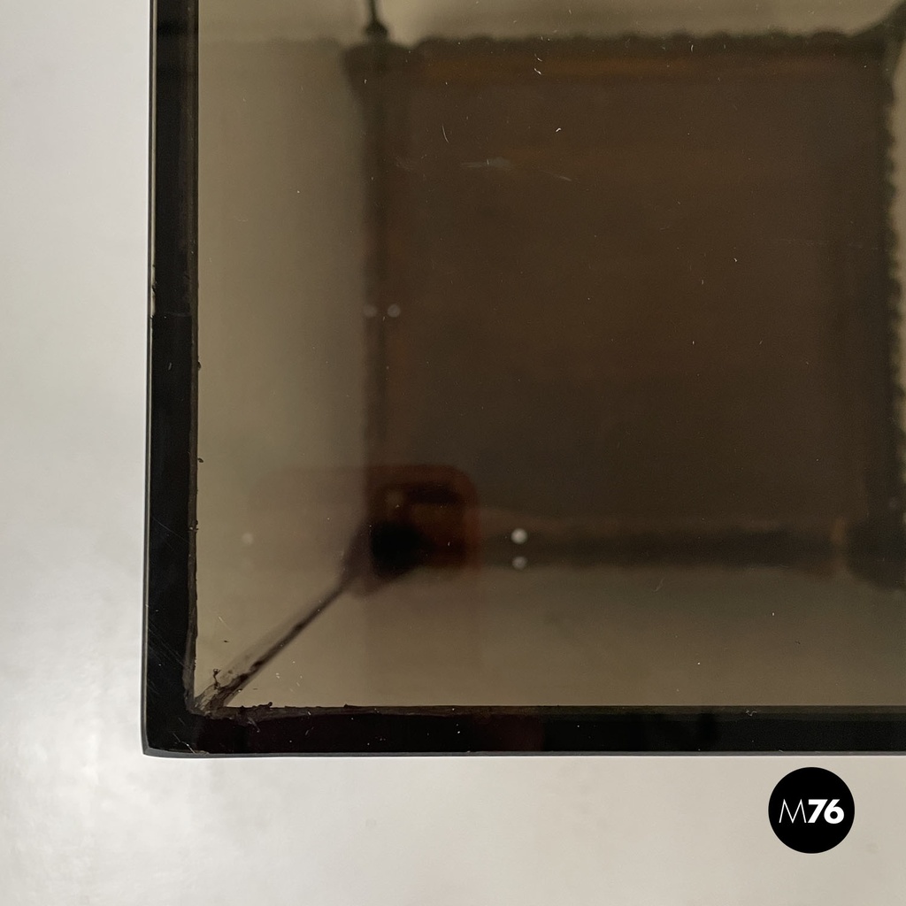 Italian modern golden wood and smoked glass coffee tables or pedestals, 1970s