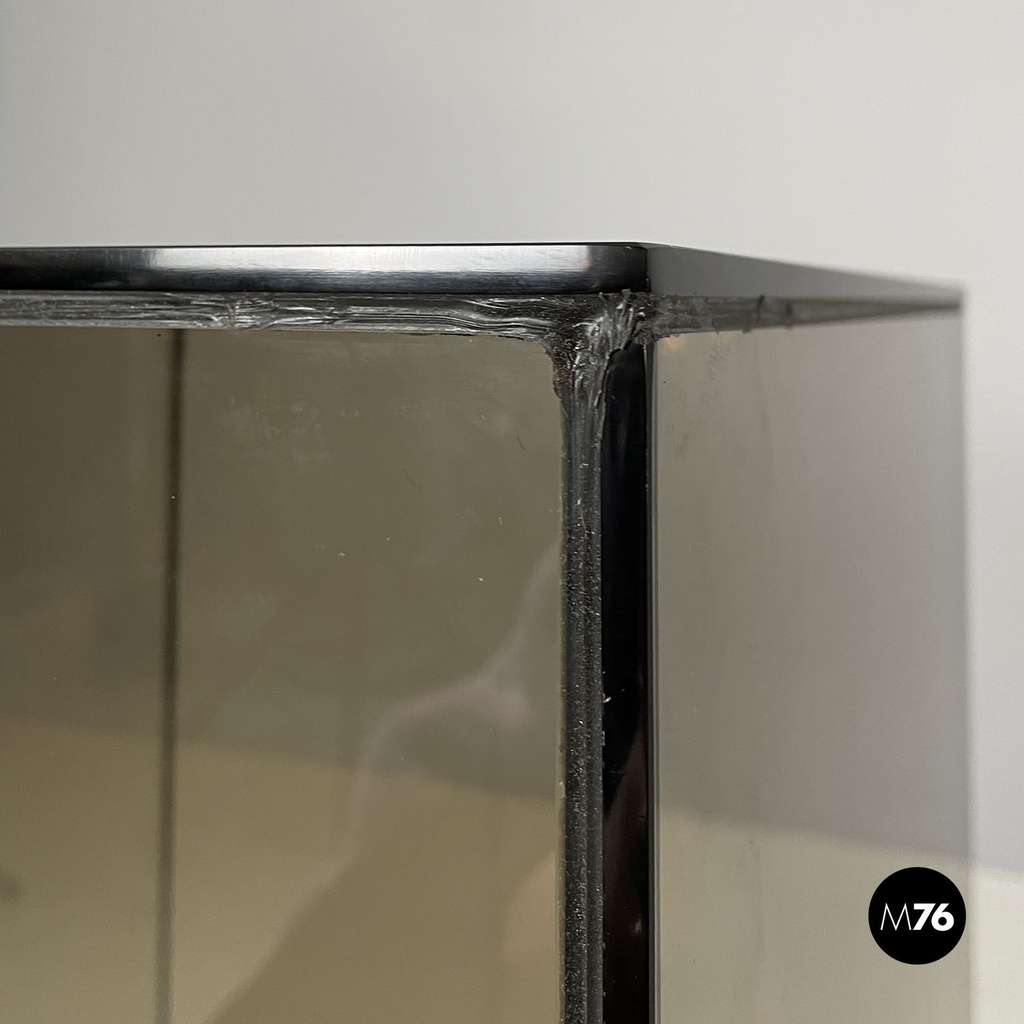 Italian modern golden wood and smoked glass coffee tables or pedestals, 1970s