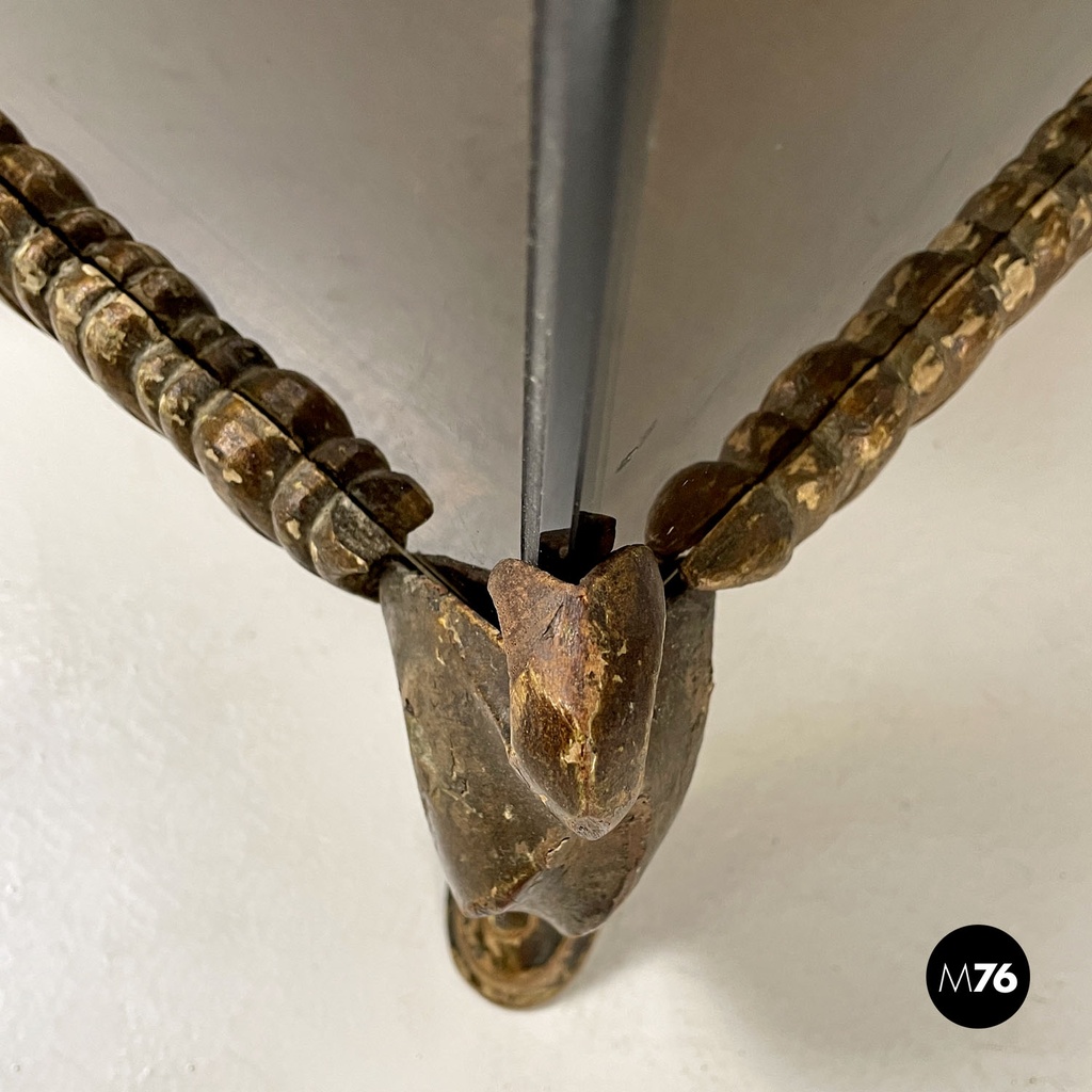 Italian modern golden wood and smoked glass coffee tables or pedestals, 1970s