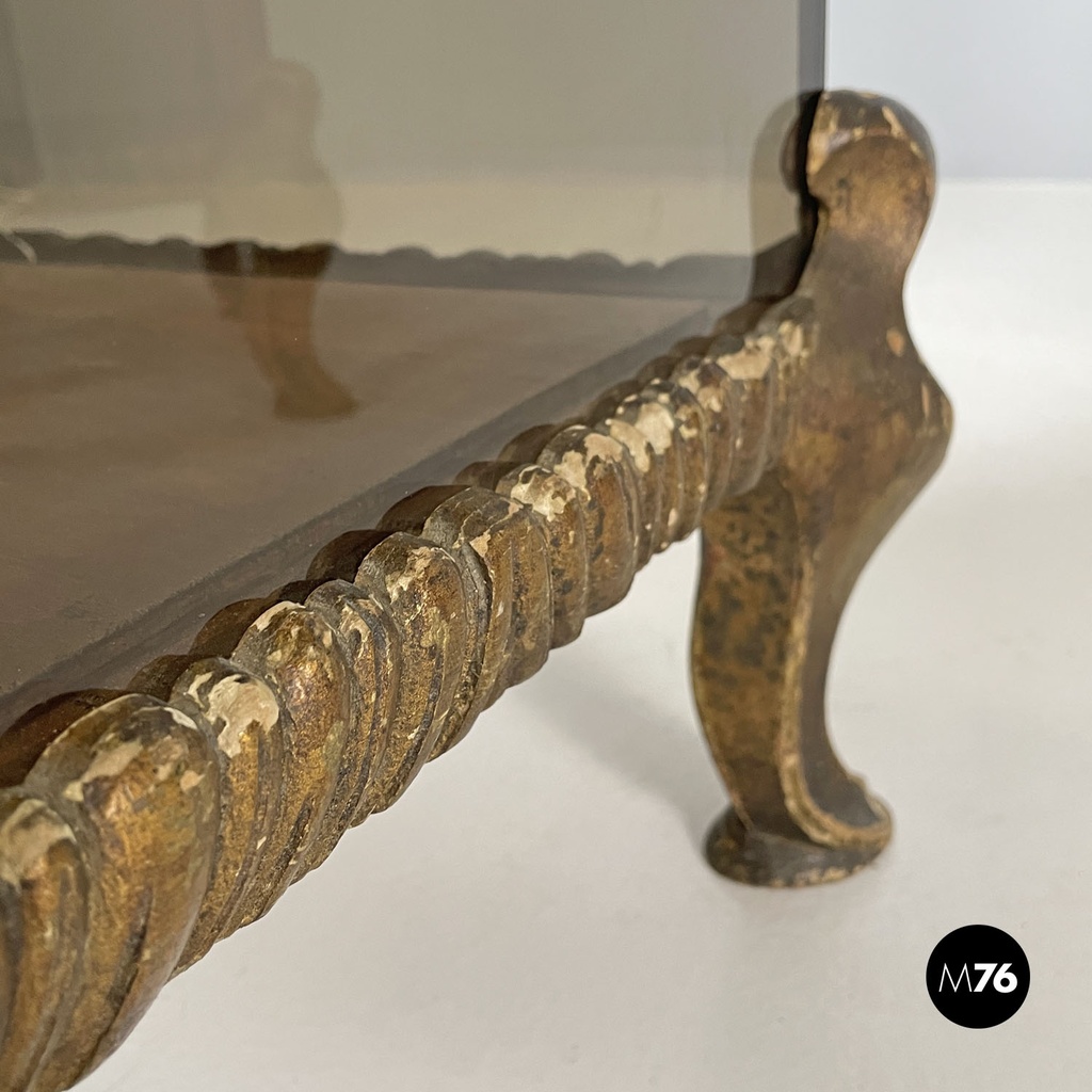 Italian modern golden wood and smoked glass coffee tables or pedestals, 1970s