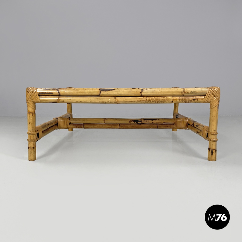 Tavolo da caffè in paglia di Vienna e rattan, 1970 ca.