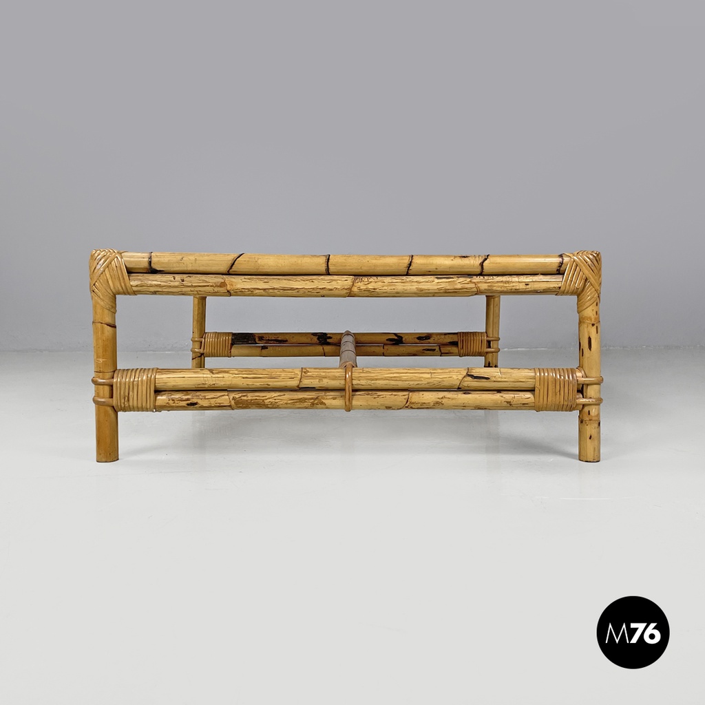 Tavolo da caffè in paglia di Vienna e rattan, 1970 ca.