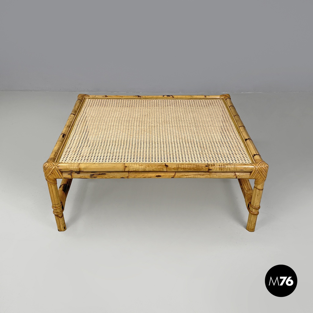 Tavolo da caffè in paglia di Vienna e rattan, 1970 ca.