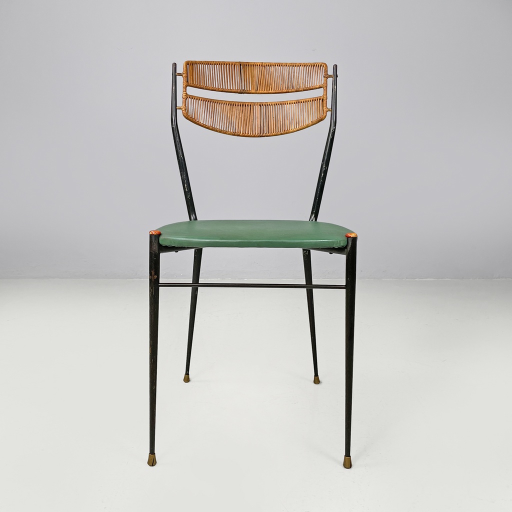 Sedie on metallo, rattan e finta pelle verde, 1960 ca. 