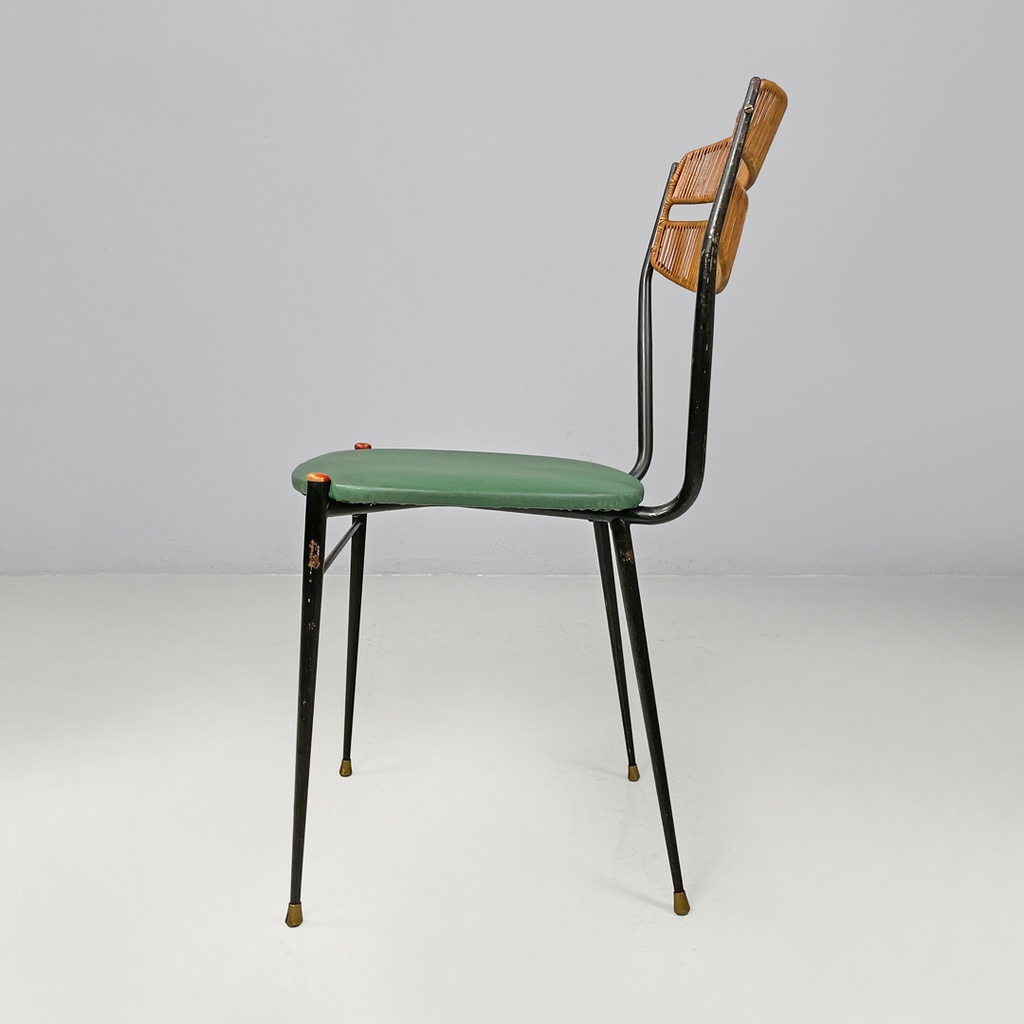 Sedie on metallo, rattan e finta pelle verde, 1960 ca. 