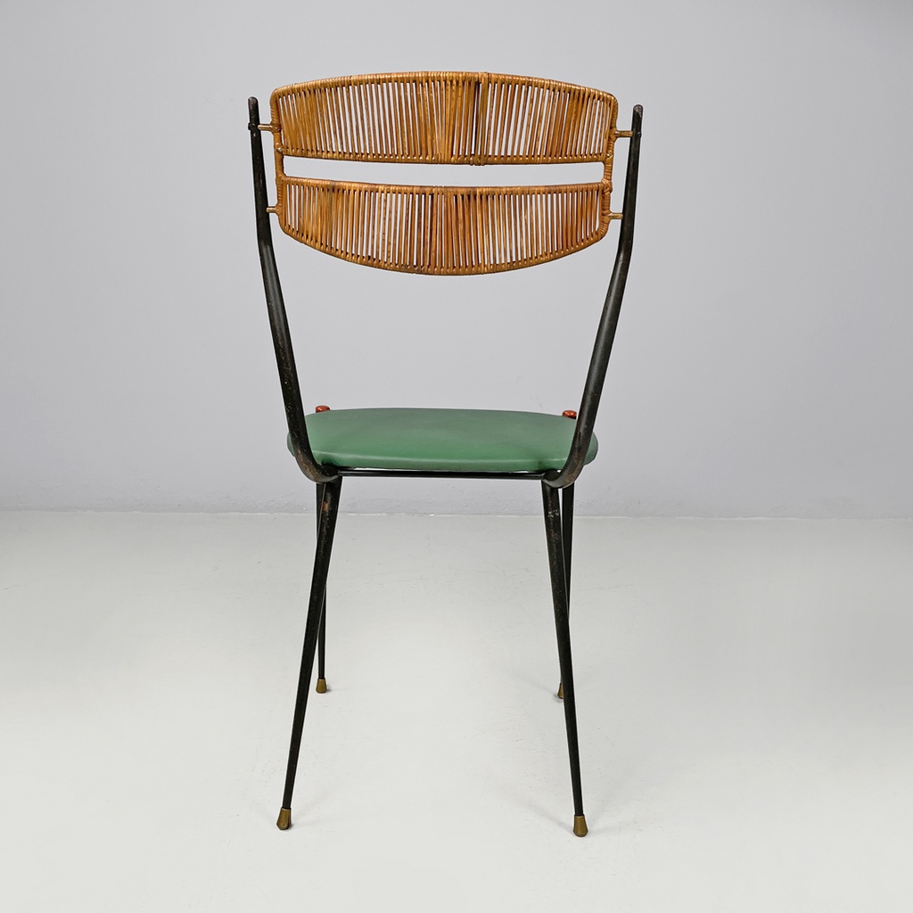 Sedie on metallo, rattan e finta pelle verde, 1960 ca. 