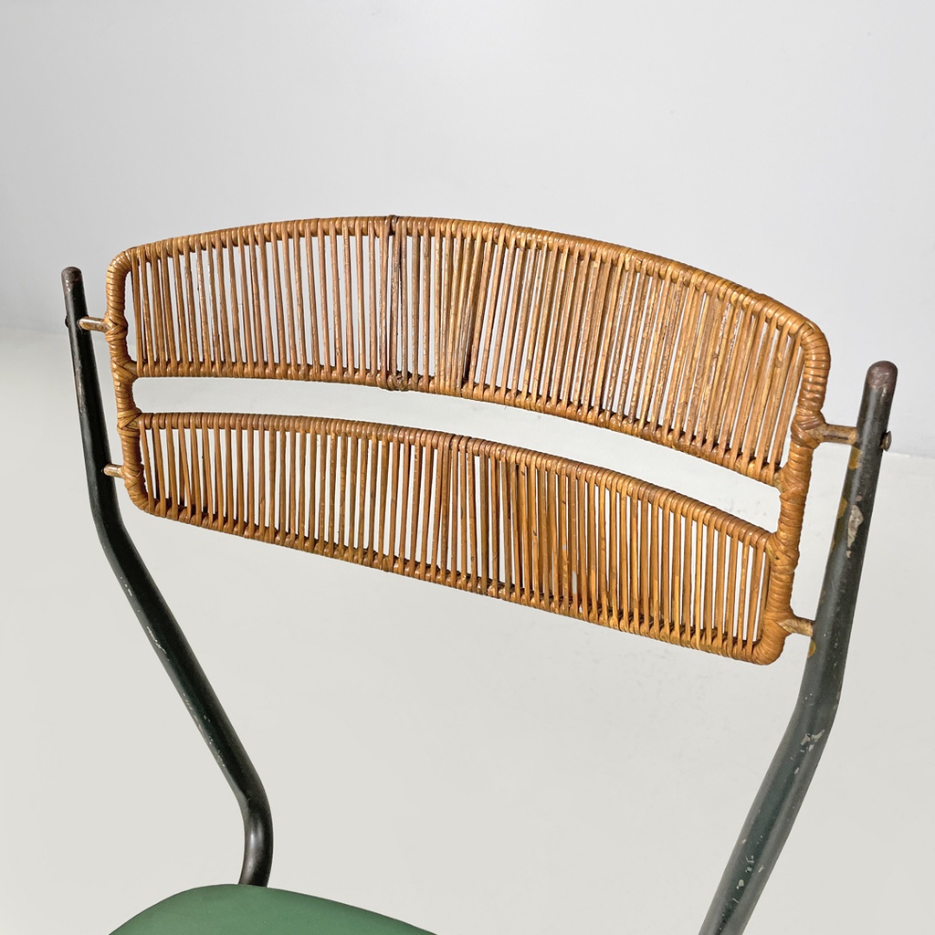 Sedie on metallo, rattan e finta pelle verde, 1960 ca. 