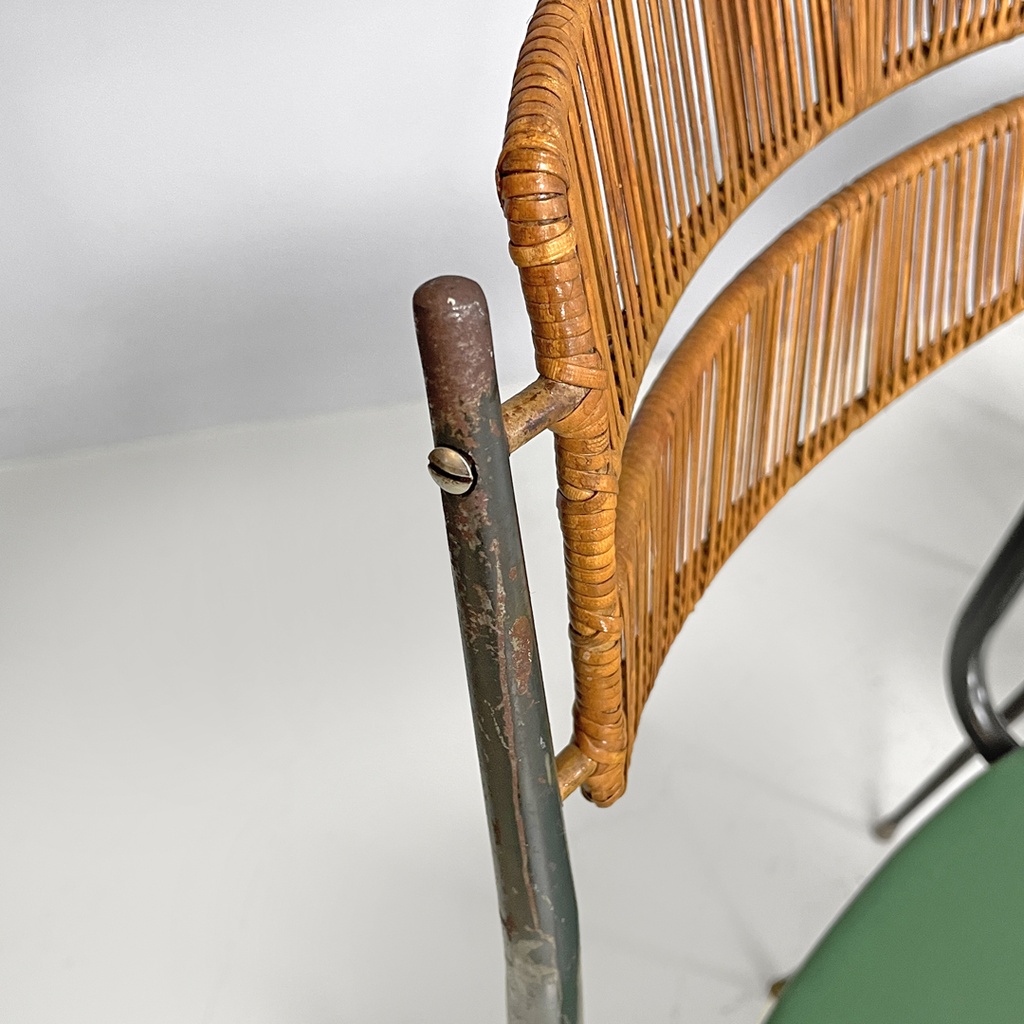 Sedie on metallo, rattan e finta pelle verde, 1960 ca. 