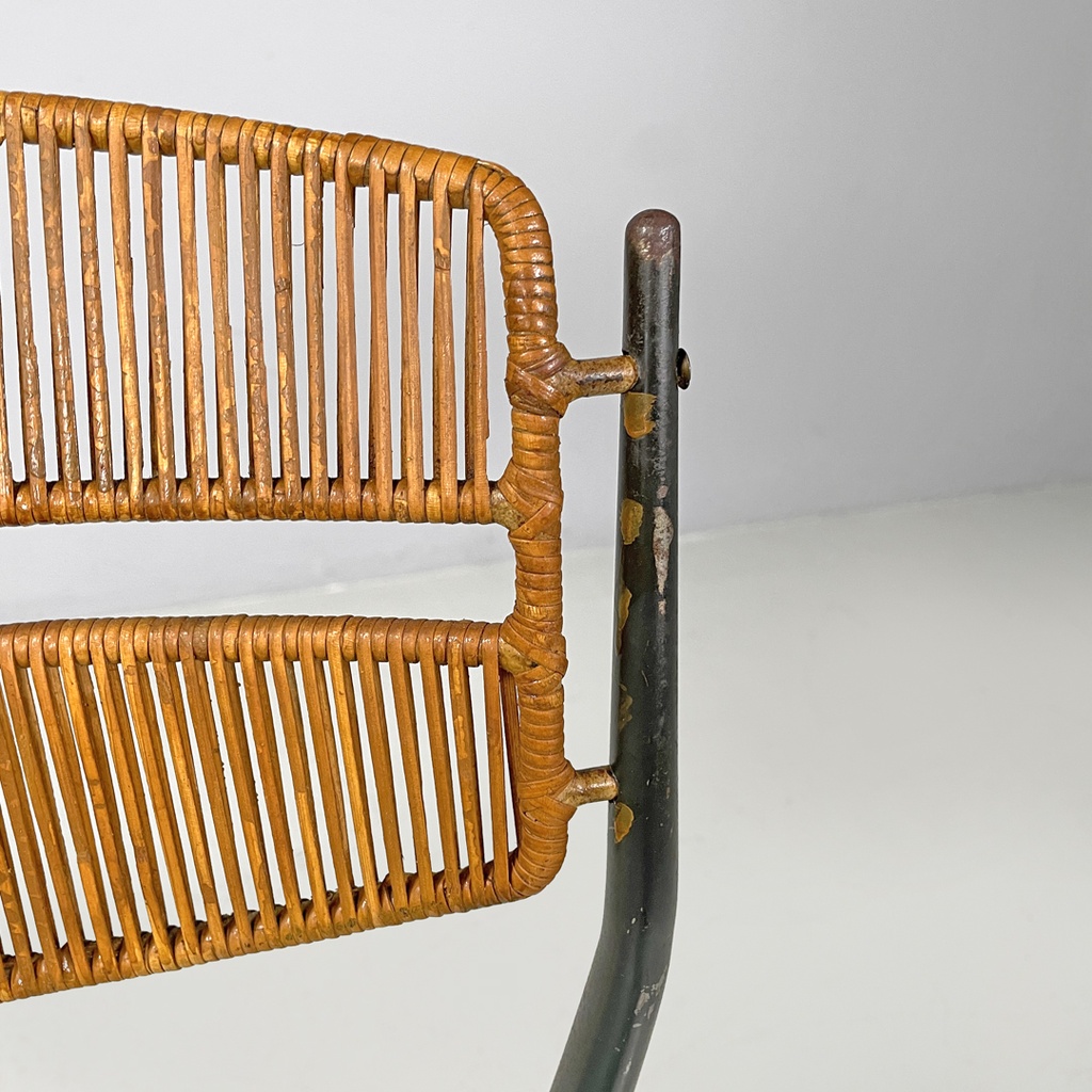 Sedie on metallo, rattan e finta pelle verde, 1960 ca. 