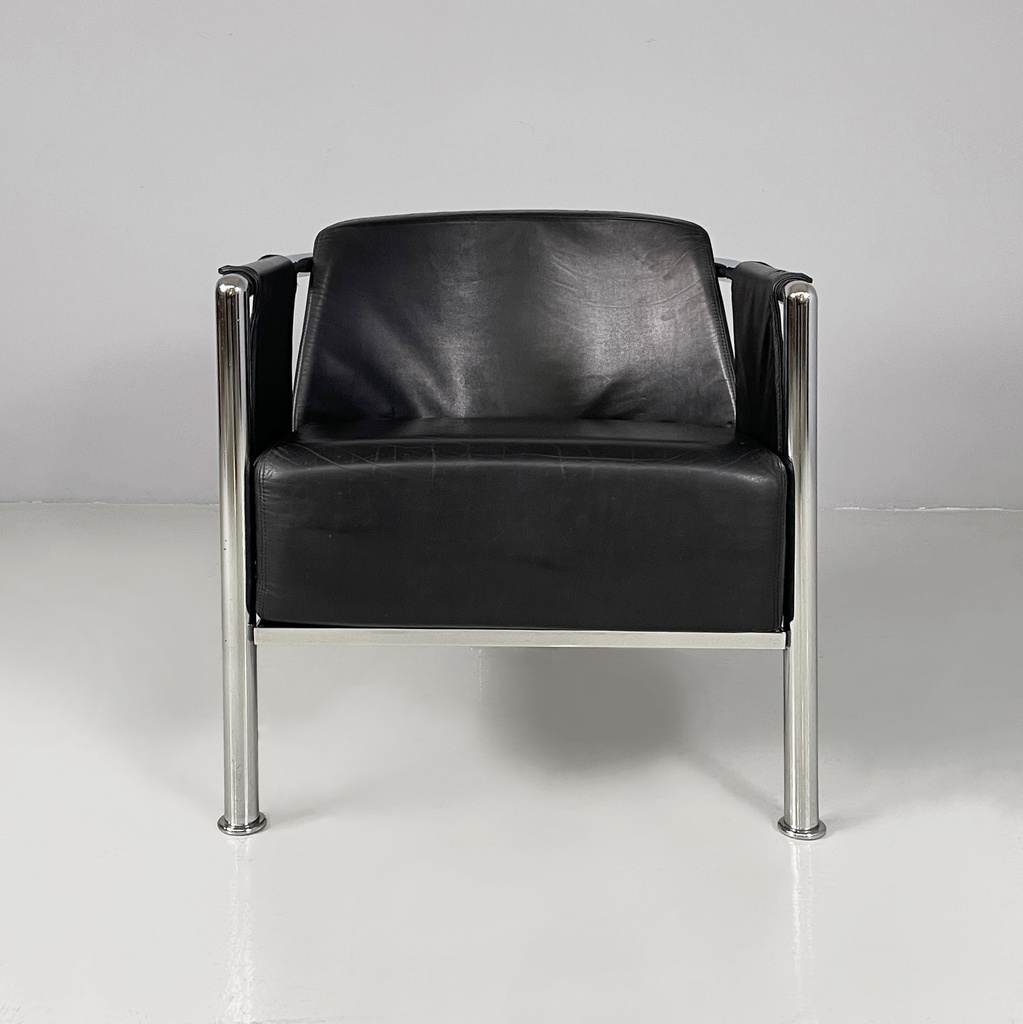 Poltrona in pelle nera e acciaio, 1980 ca.