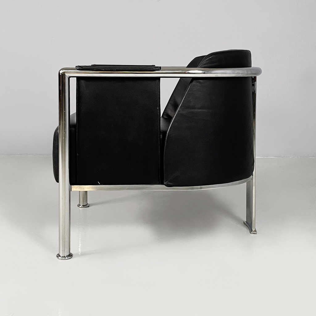 Poltrona in pelle nera e acciaio, 1980 ca.
