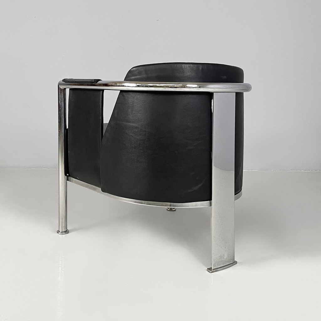 Poltrona in pelle nera e acciaio, 1980 ca.