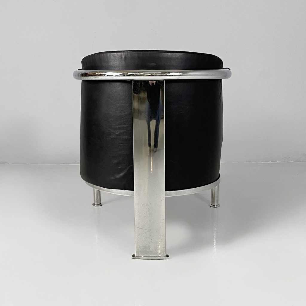 Poltrona in pelle nera e acciaio, 1980 ca.