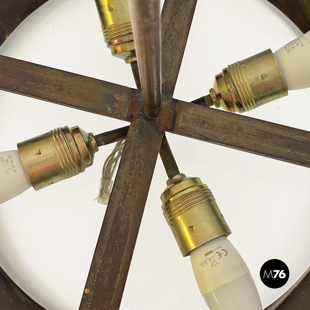 Lampadario con decorazione in vetro e rame, 1940 ca.