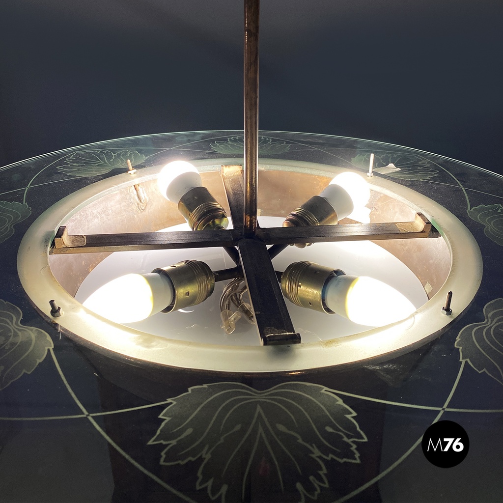 Lampadario con decorazione in vetro e rame, 1940 ca.