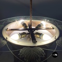 Lampadario con decorazione in vetro e rame, 1940 ca.