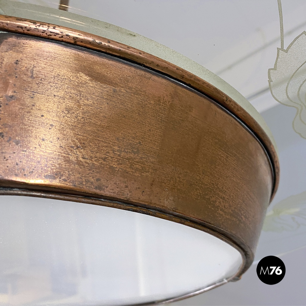 Lampadario con decorazione in vetro e rame, 1940 ca.