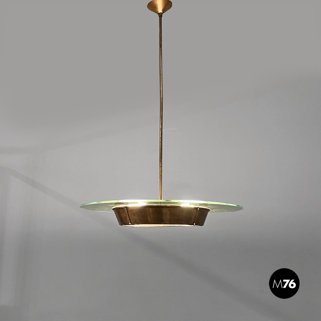 Lampadario con decorazione in vetro e rame, 1940 ca.